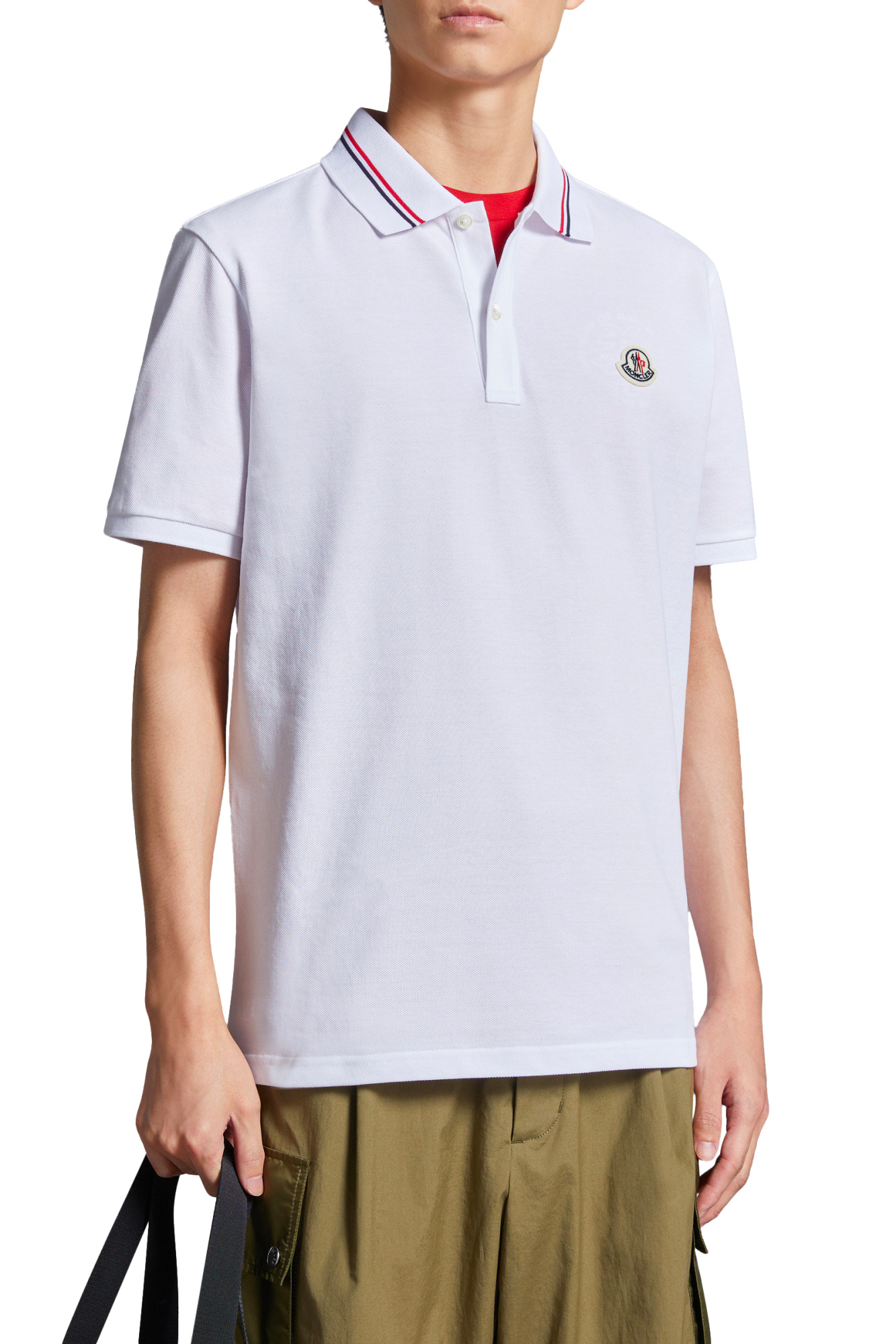 Moncler Classic White Cotton Polo With Signature Tri-color Trim In White