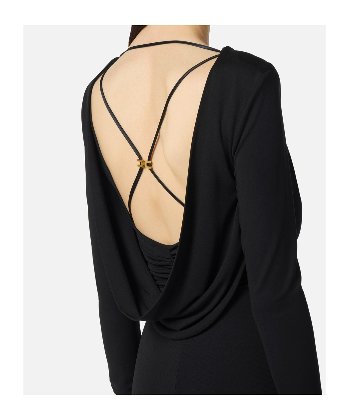 Elisabetta Franchi Draped Black Maxi Dress With Deep Neckline In Black