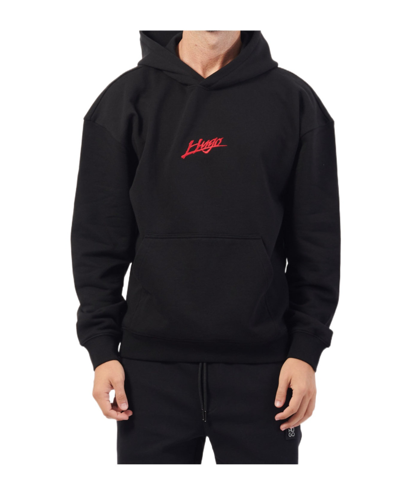Hugo Boss Dlogolong Cotton Logo Embroidered Relaxed Fit Hoodie In Black