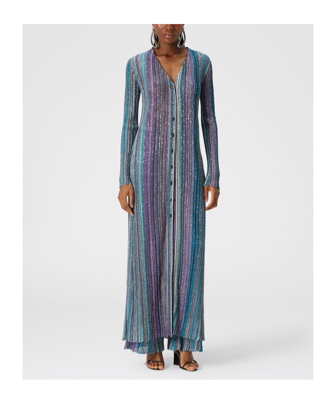 Missoni Sequinned Pleated Knit Long Cardigan In Blue