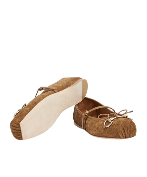 Gucci Beige Ballet Shoes With Horsebit And Bow Detail In Gg Canvas Woman In Brown