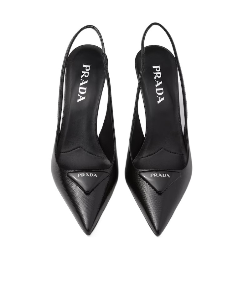 Prada Womens Black Saffiano Sling-back Patent-leather Heeled Courts Eur 41 / 8 Uk In Black