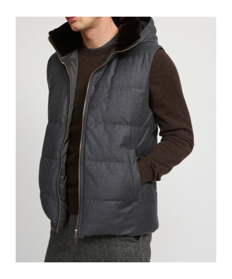 Yves Salomon Down Gilet Made With Loro Piana Fabric With Mink Fur Trim In Gray