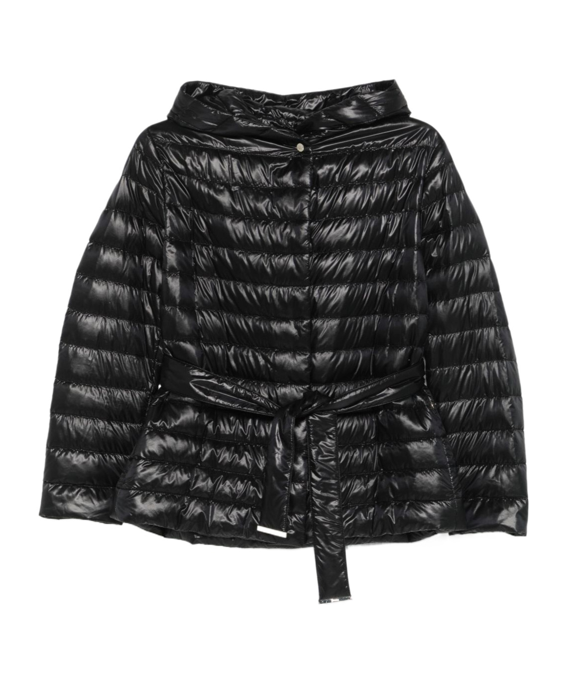 Herno Belted Waist Hooded Long Quilted Shiny Jacket In Black
