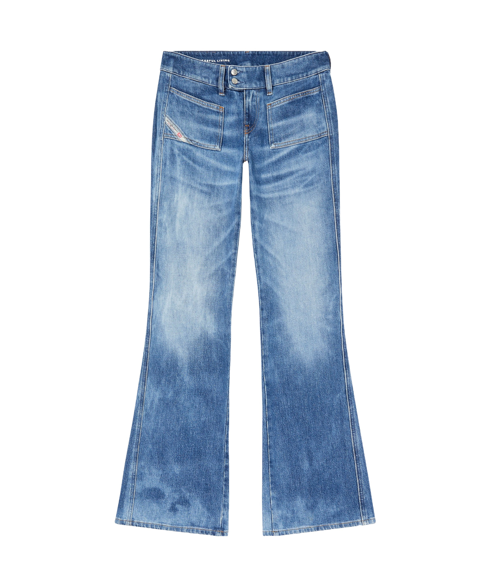 Diesel D-hush Partially Organic Cotton Flared Jeans With Back Logo Patch In Blue