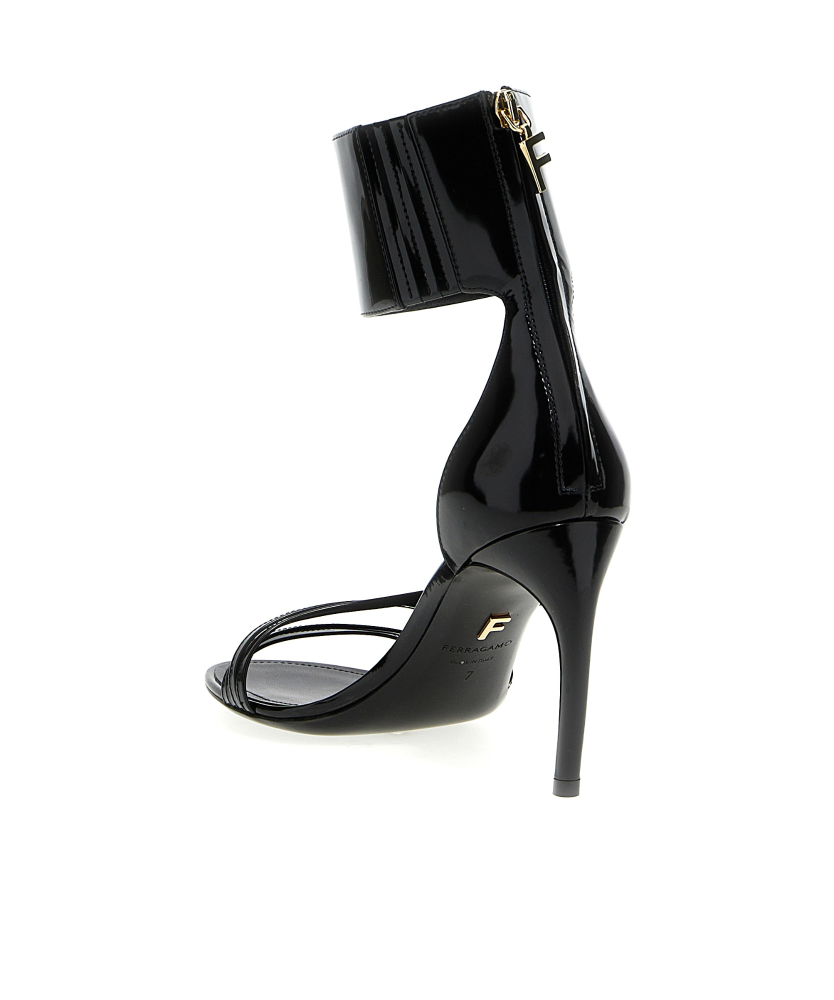 Ferragamo Strappy Glossy Stiletto Sandals With Ankle Strap In Black
