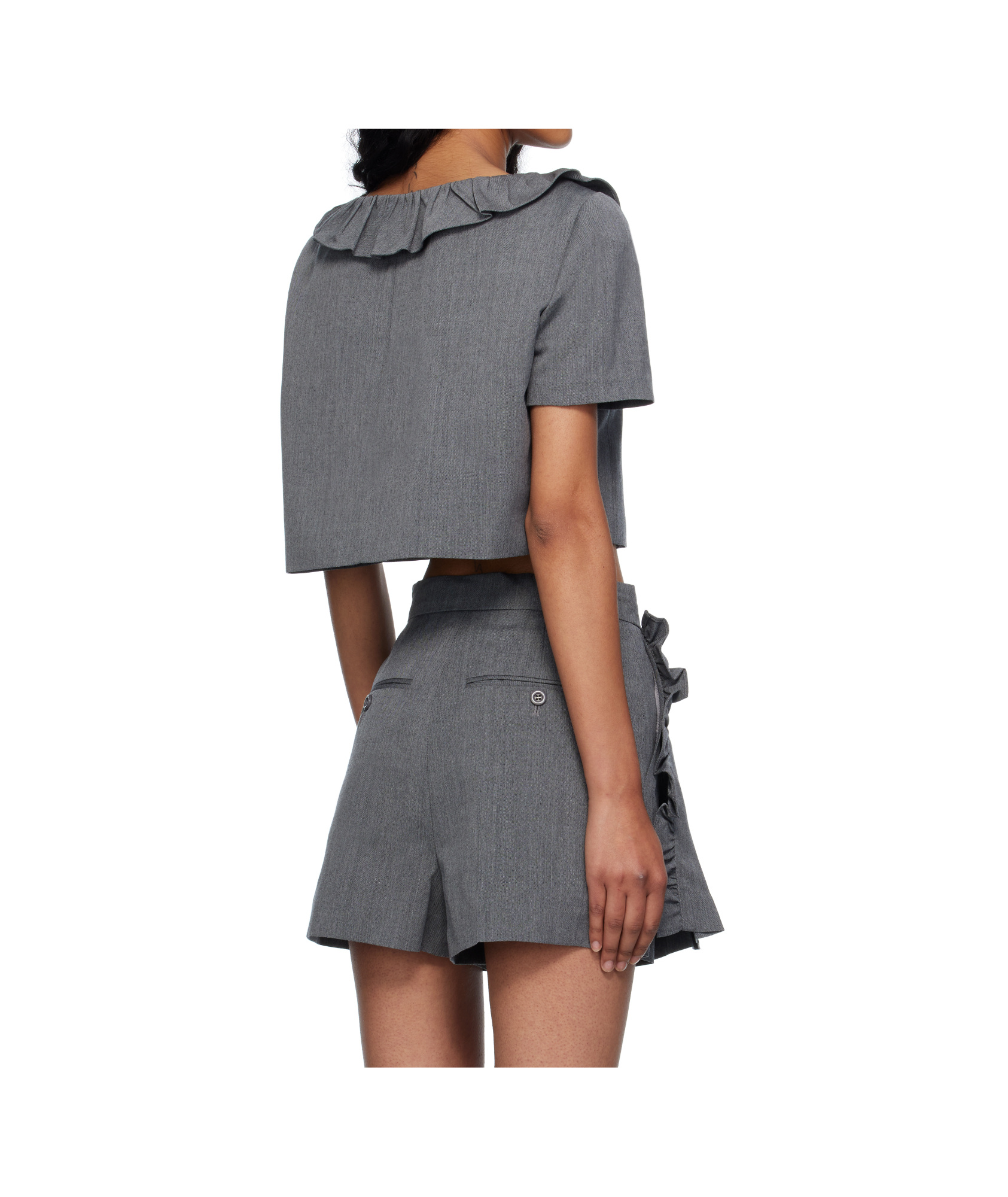 Pushbutton Ruffled Collar Cropped Top In Gray