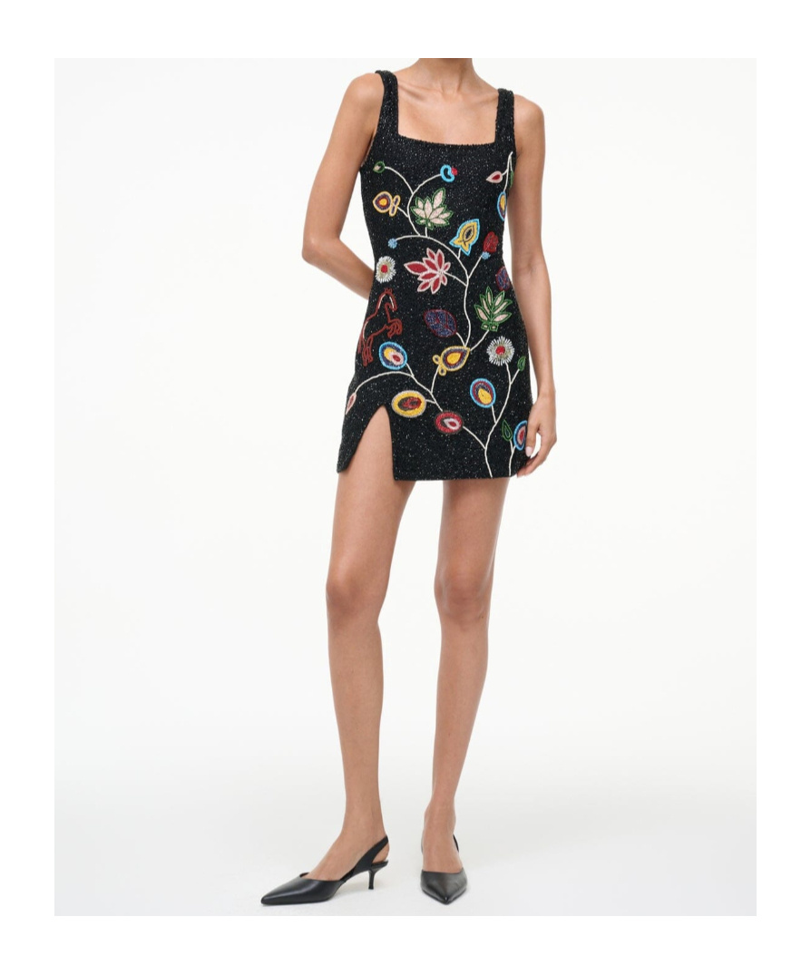 Staud Beaded Floral Le Sable Mini Dress In Black