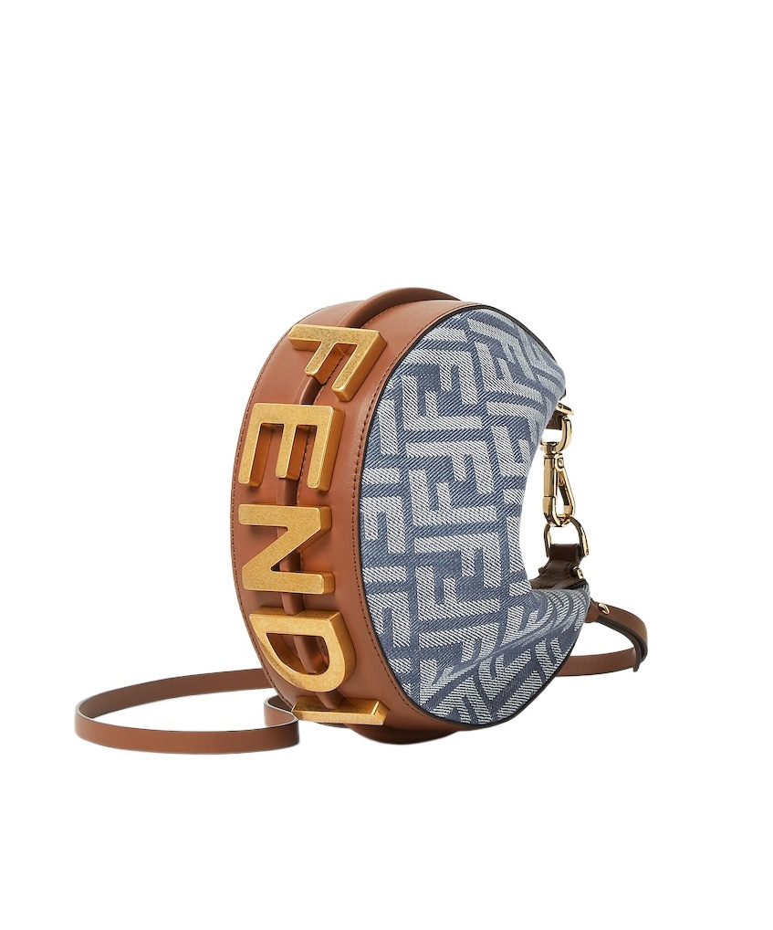 Fendi Women Mini Denim Effect Ff Jacquard Graphy Hobo Bag