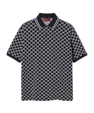 Gucci Mens Monogram-pattern Striped-trim Cotton Polo Shirt Ink White In Black