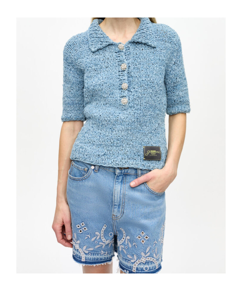 GANNI BLUE DENIM HANDKNIT POLO 