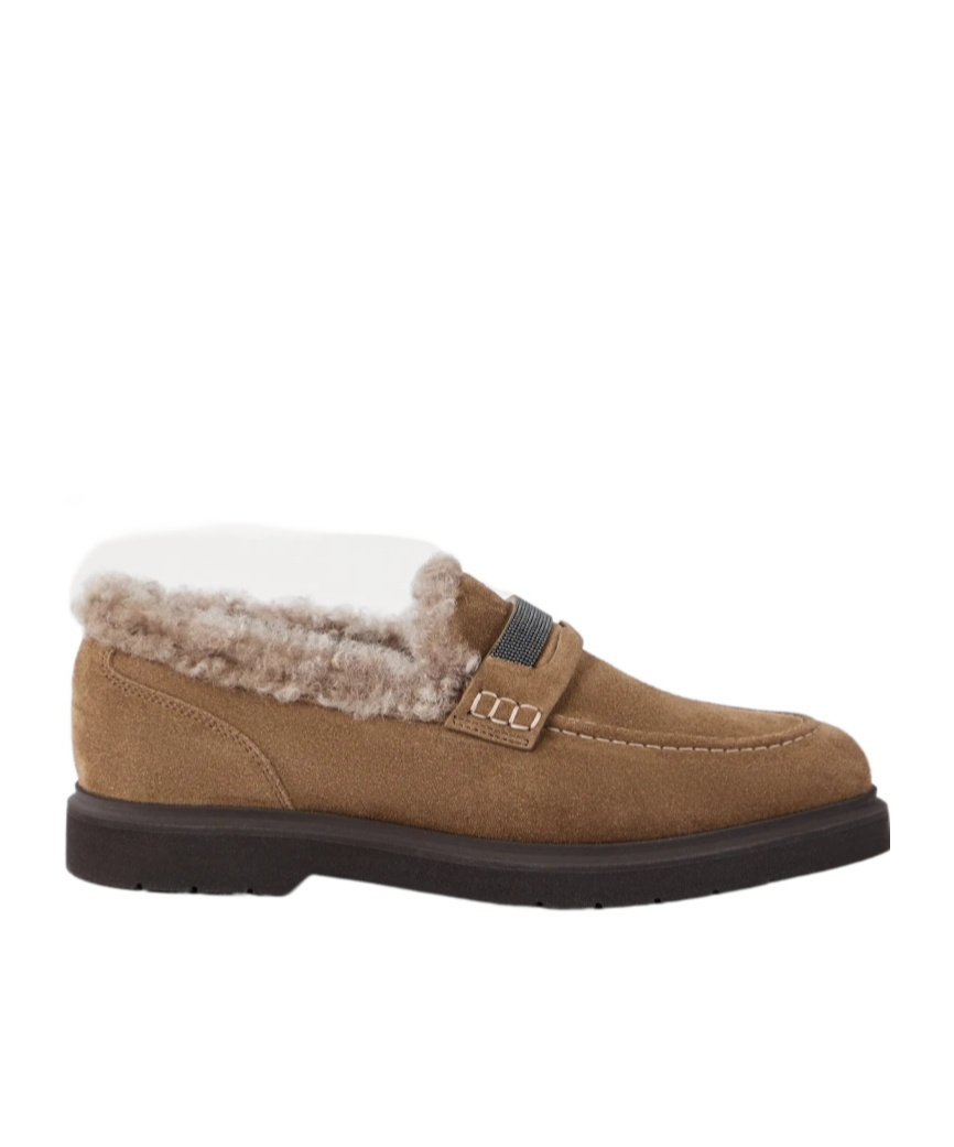 Brunello Cucinelli Monili Trim Genuine Shearling Lined Loafer In Brown