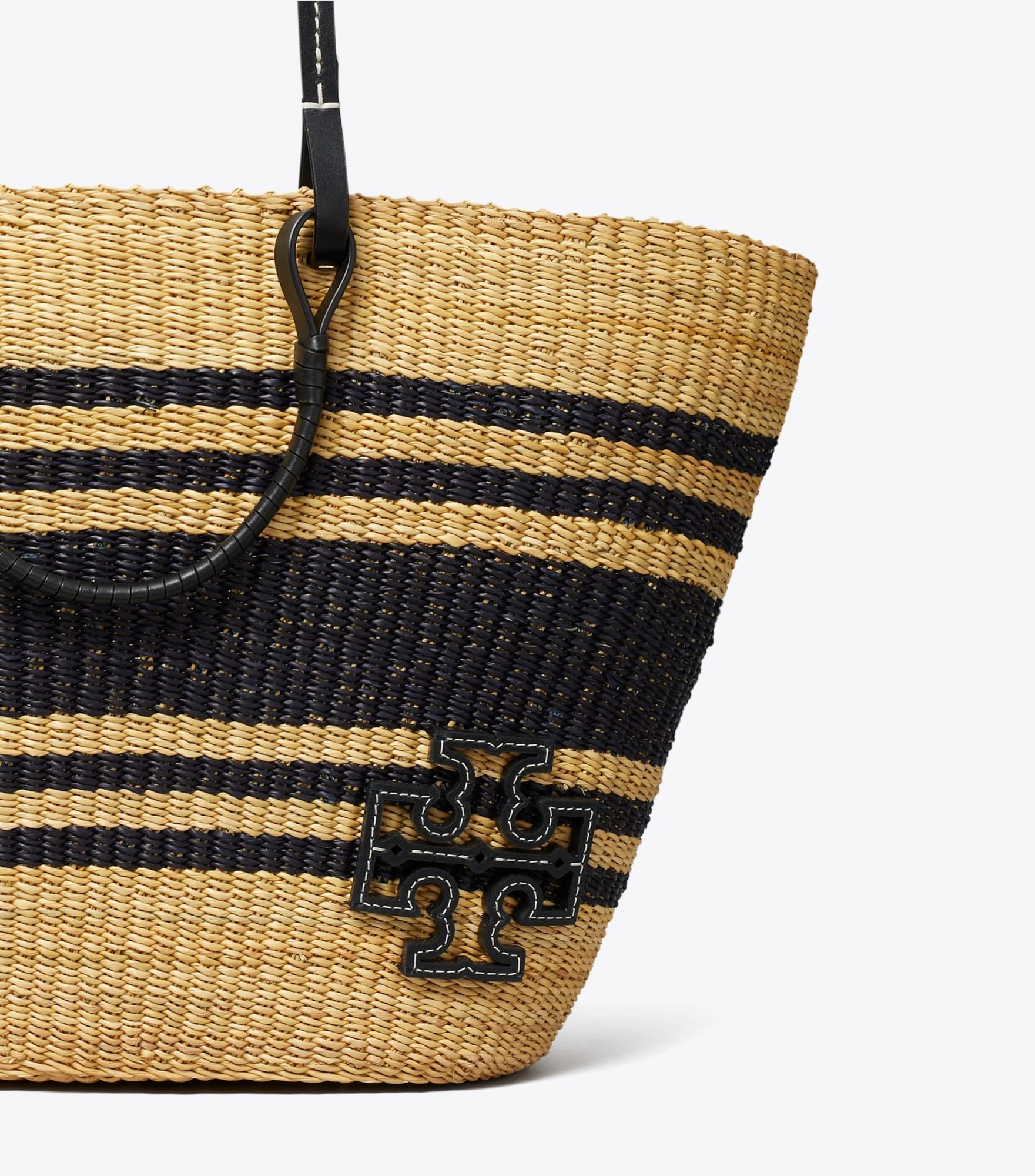 Tory Burch Ella Striped Raffia Tote Bag In Black