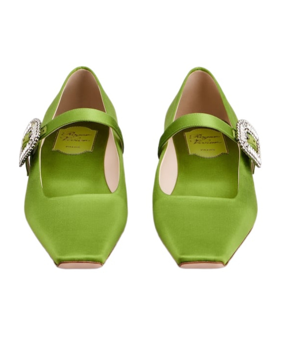 Roger Vivier Crystal Buckle Pointed Toe Satin Strap Shoes In Green