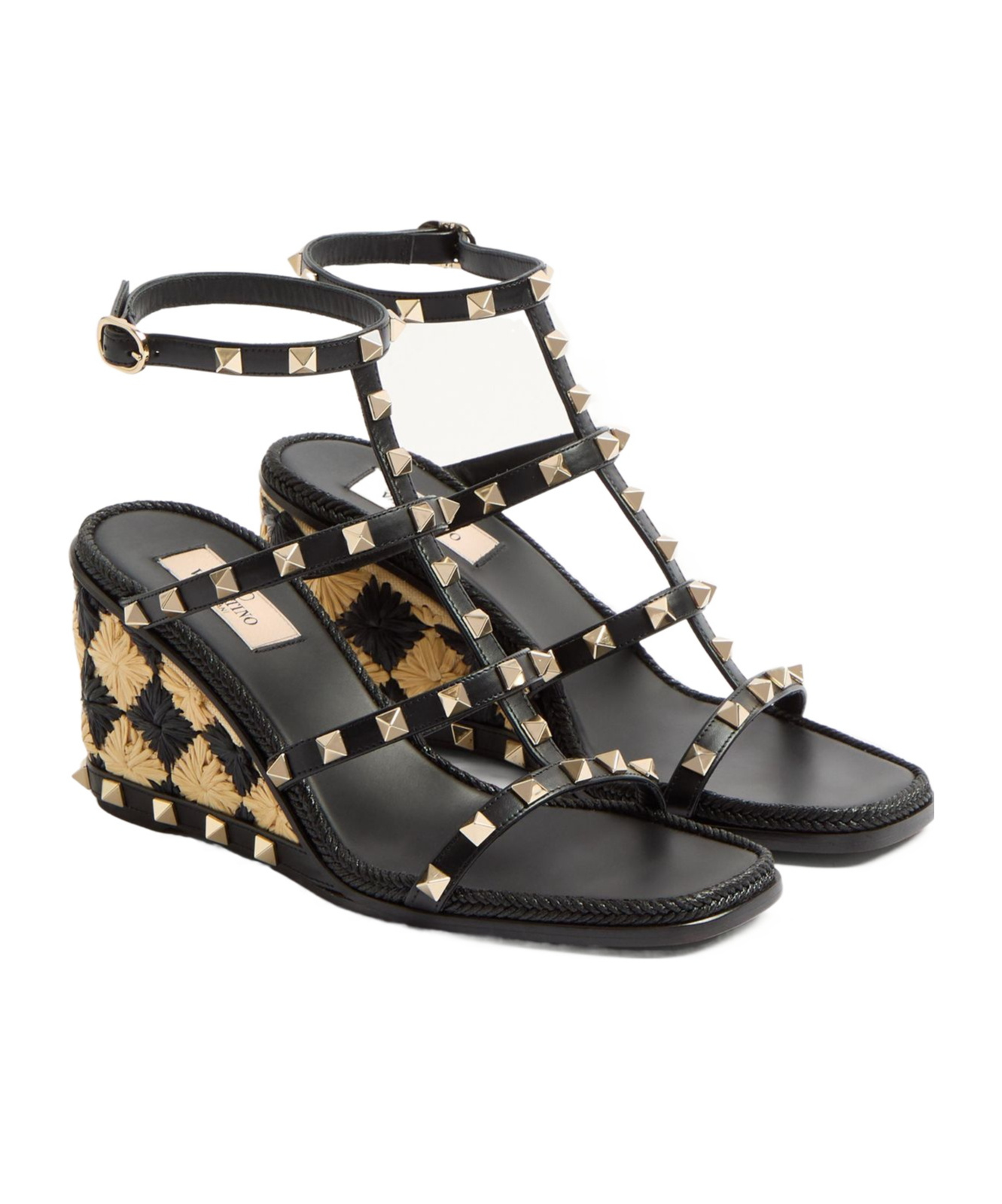 Valentino Rockstud Caged 90 Leather Ankle Strap Wedge Sandal In Black
