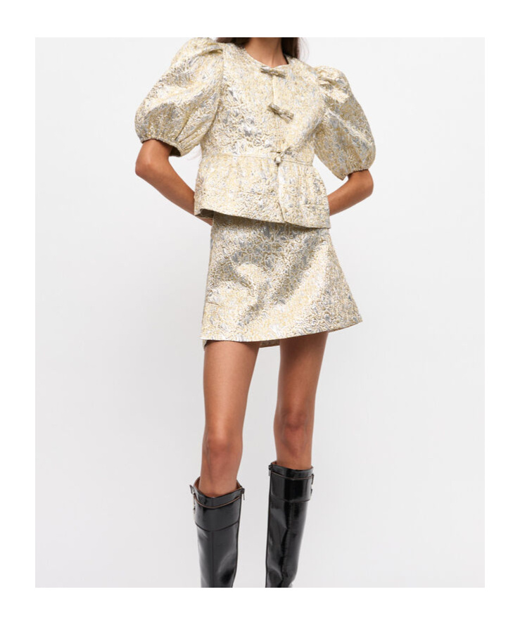Shop Ganni Gold And Silver Peplum Tie String Blouse In Nude