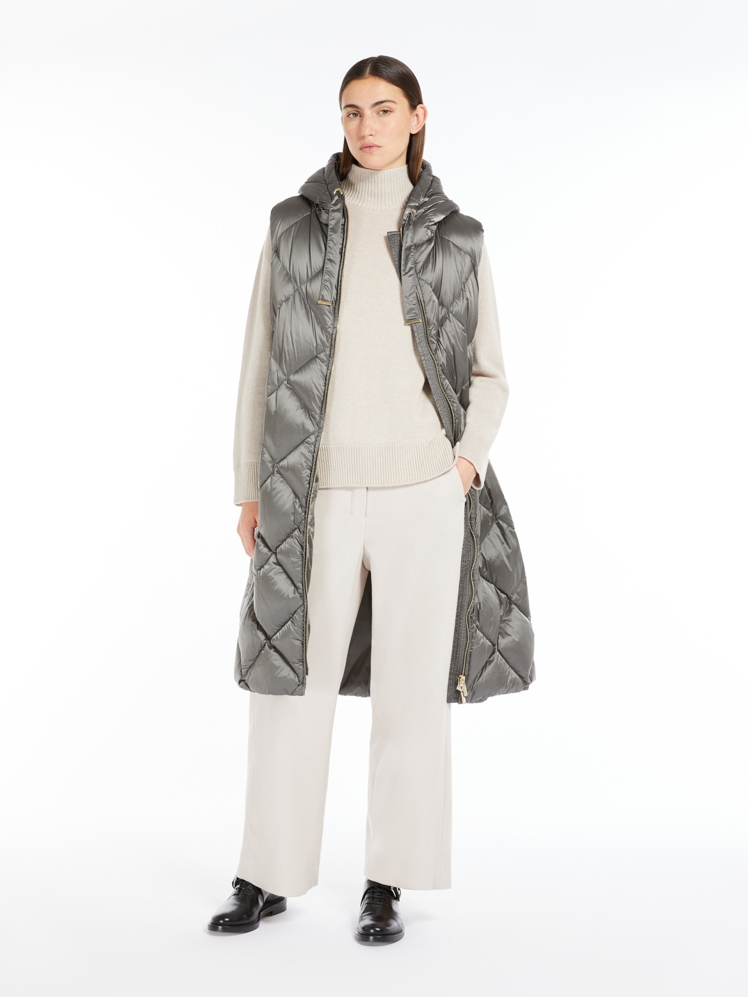 Max Mara Hooded Belted Vest In Water-repellent Canvas In Gray