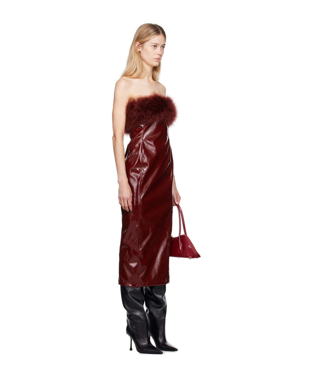 Shop Blumarine Marabou-feathers Patent Midi Dress In Brown