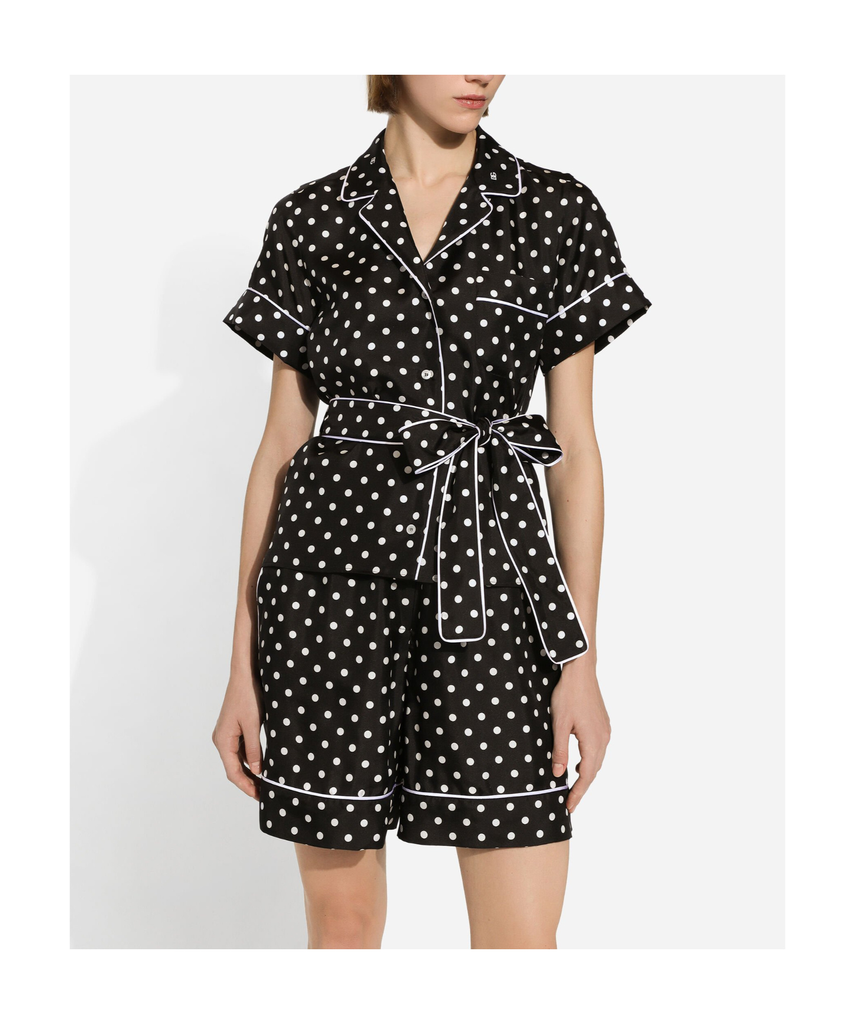 Dolce & Gabbana Short-sleeved Silk Pajama Shirt With Polka-dot Print In Black