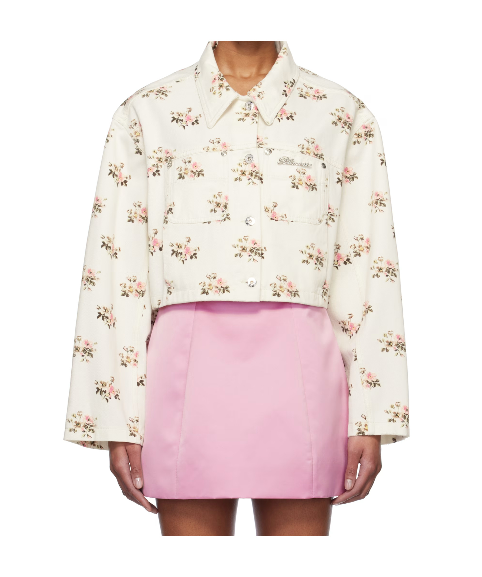 Blumarine Floral Print Rhinestone Pin Denim Jacket In Multi