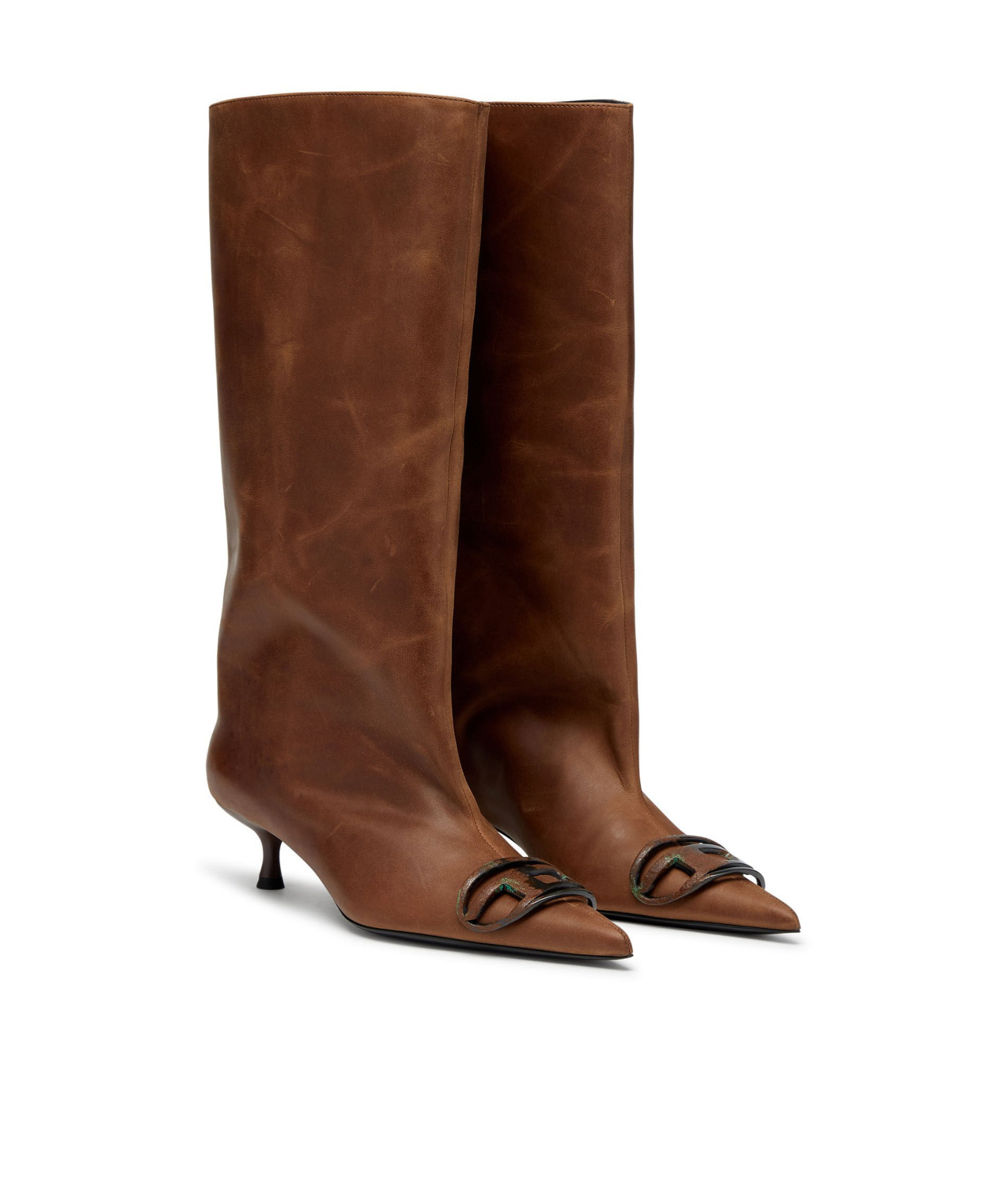 Diesel D-venus-knee-high Boots In Oiled Leather In Brown