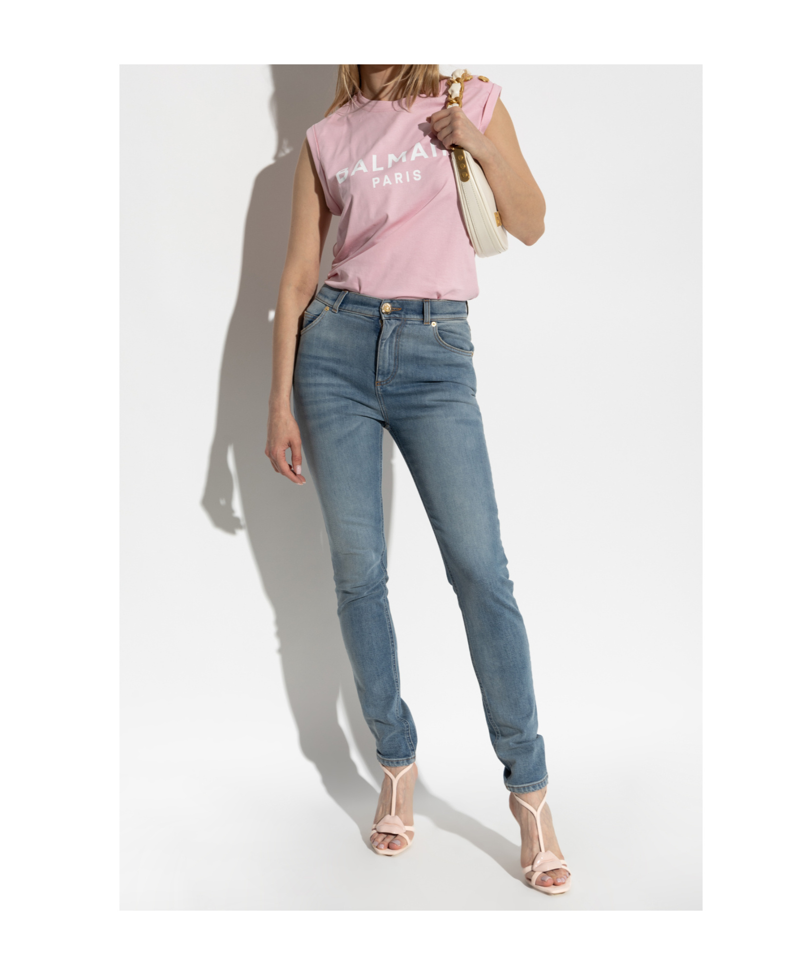 Balmain Logo Button Crew Neck Sleeveless Top In Pink