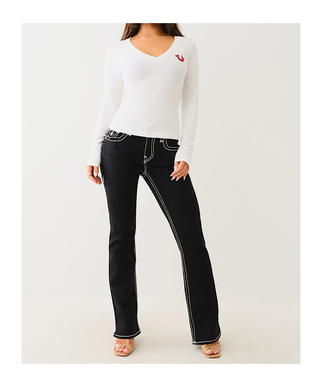 TRUE RELIGION CRYSTAL LOGO LONG SLEEVE V NECK TEE