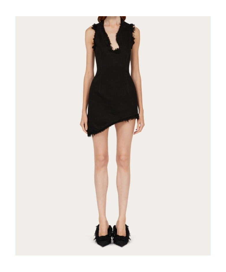 Ferragamo Raw-edge Sleeveless Denim Mini Curve Dress In Black