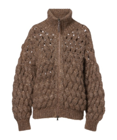 Brunello Cucinelli Open-knit Sequined Mohair And Wool-blend Cardigan In Brown
