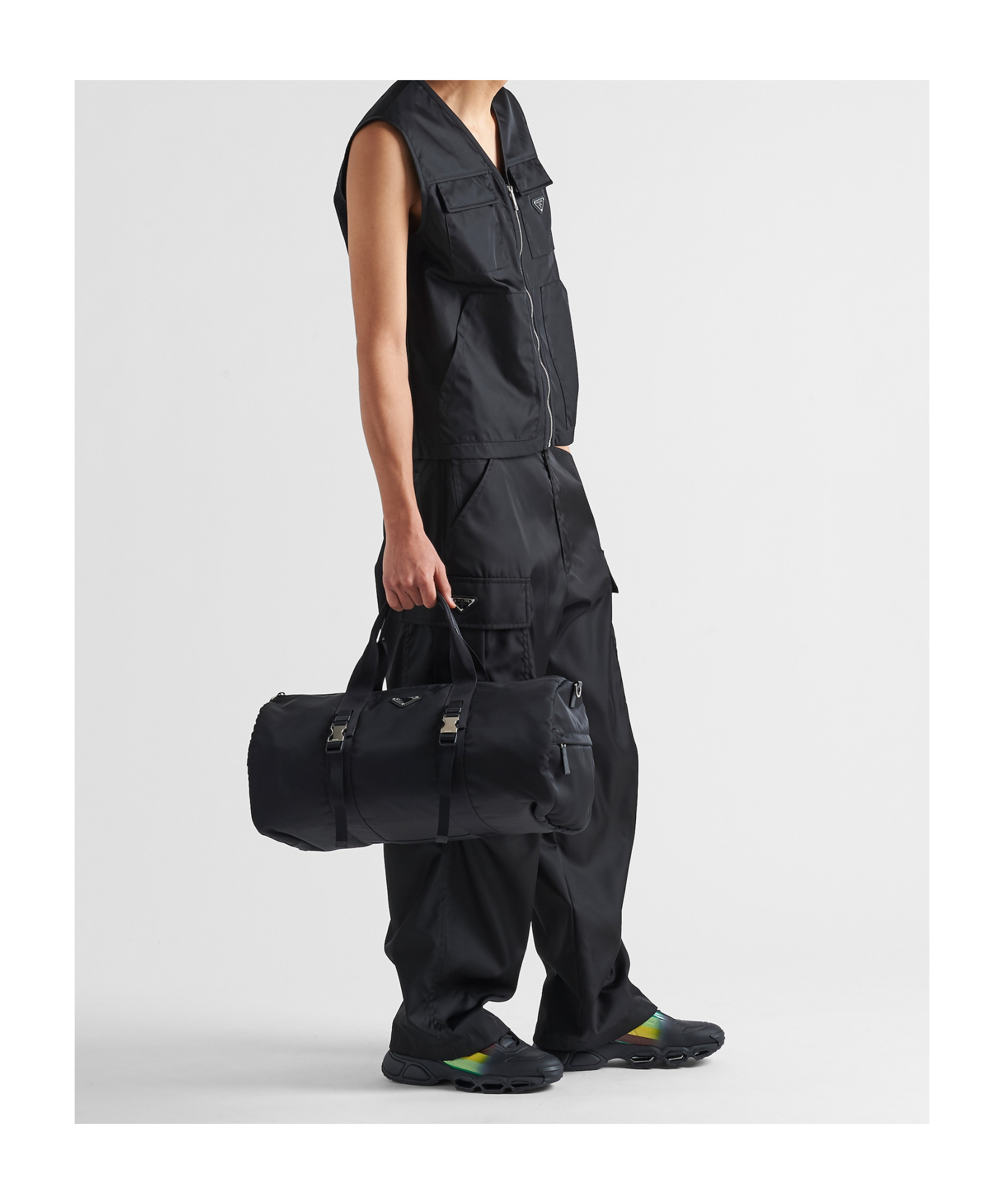 Prada Duffle Bag In Technical Nylon With Triangular Logo In Black