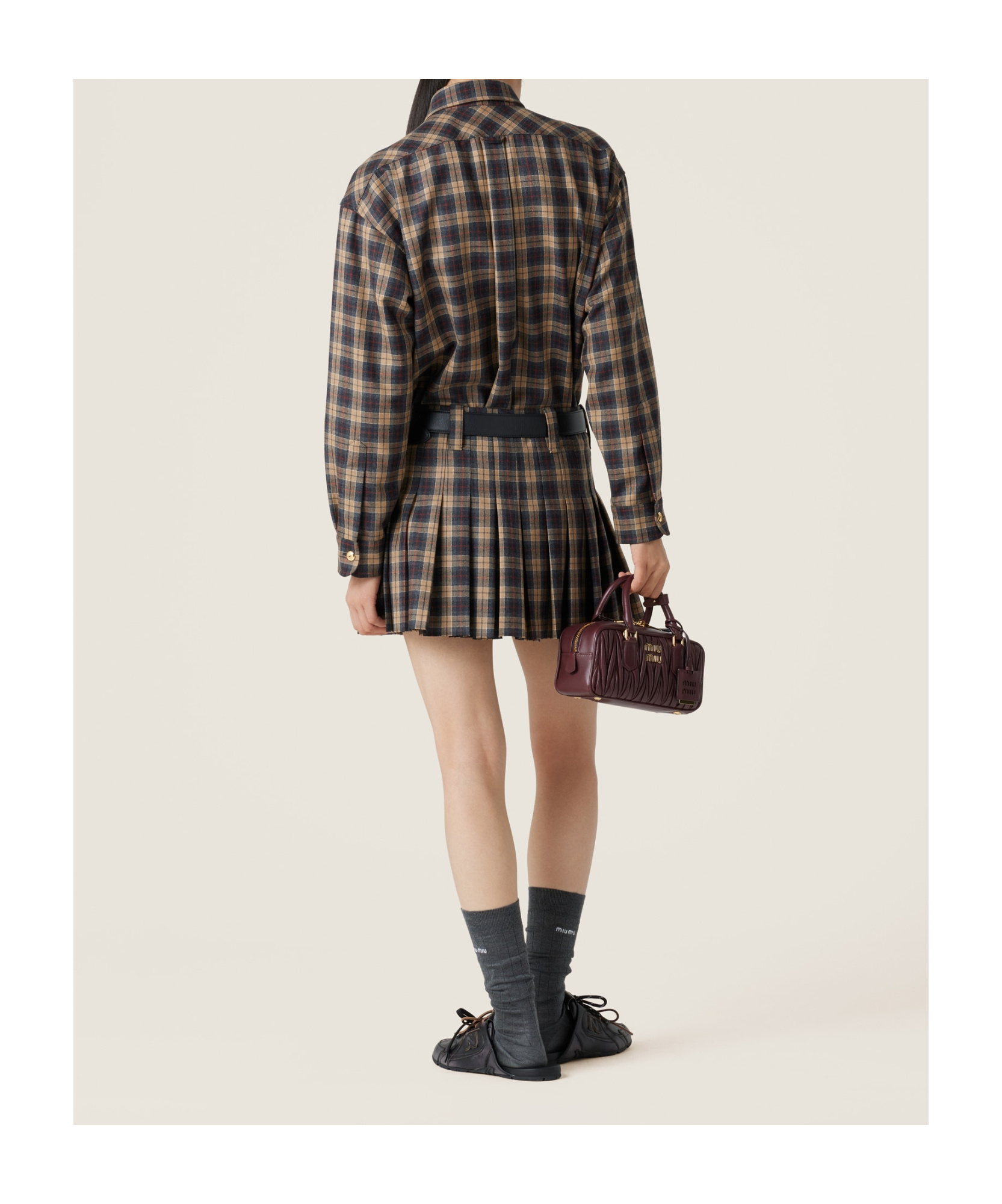 Miu Miu Checked Wool Long-sleeved Shirt In Brown