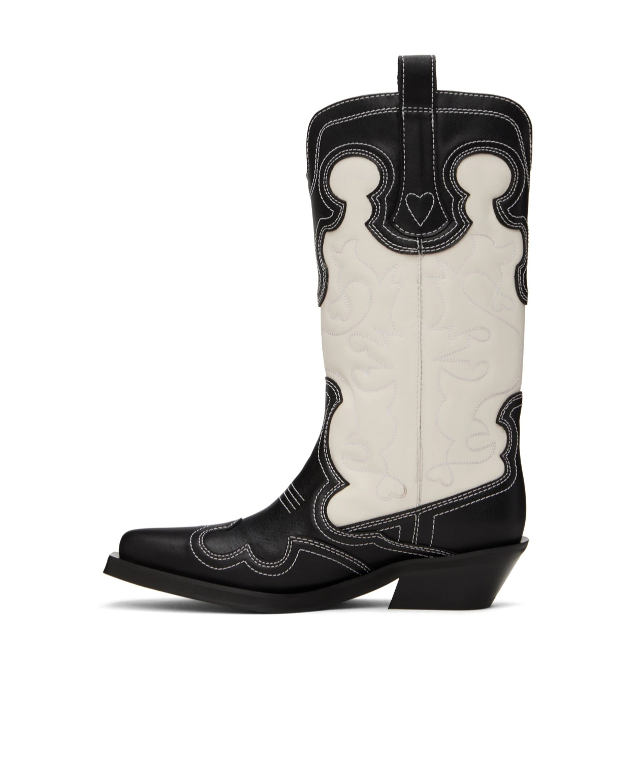 Ganni Mid Shaft Embroidered Western Boots Bicolor Black/egret In Black