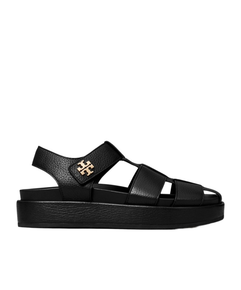 Tory Burch Kira Black Sandals With Logo Plaque In Grained Leather Woman In Black