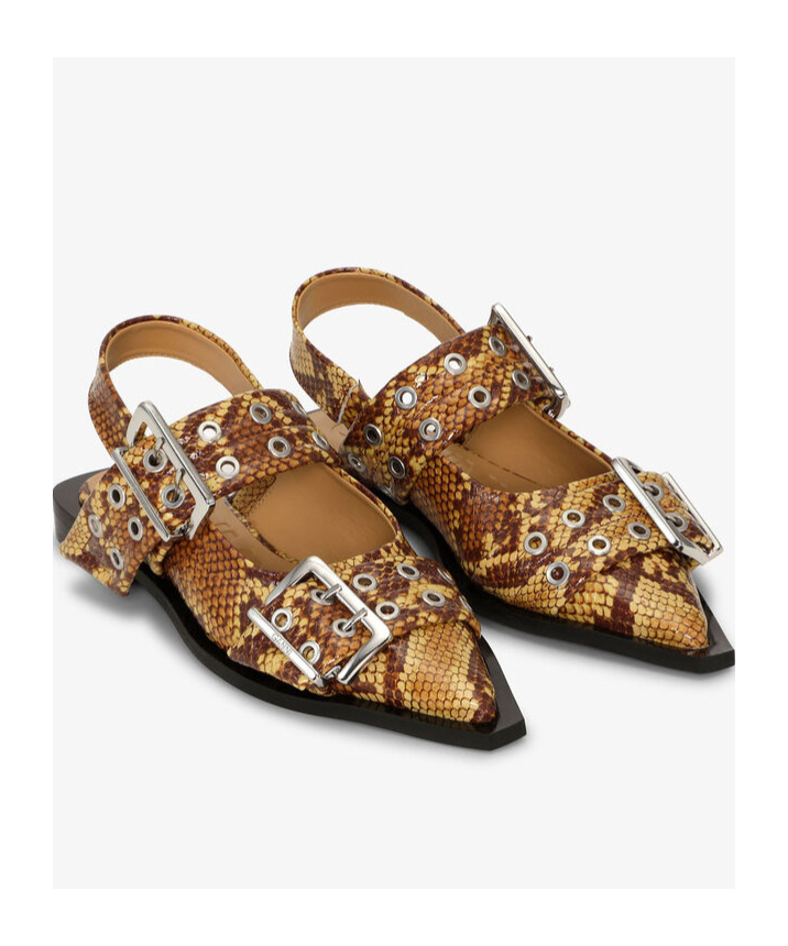 Ganni Brown Snake Feminine Buckle Flats In Brown