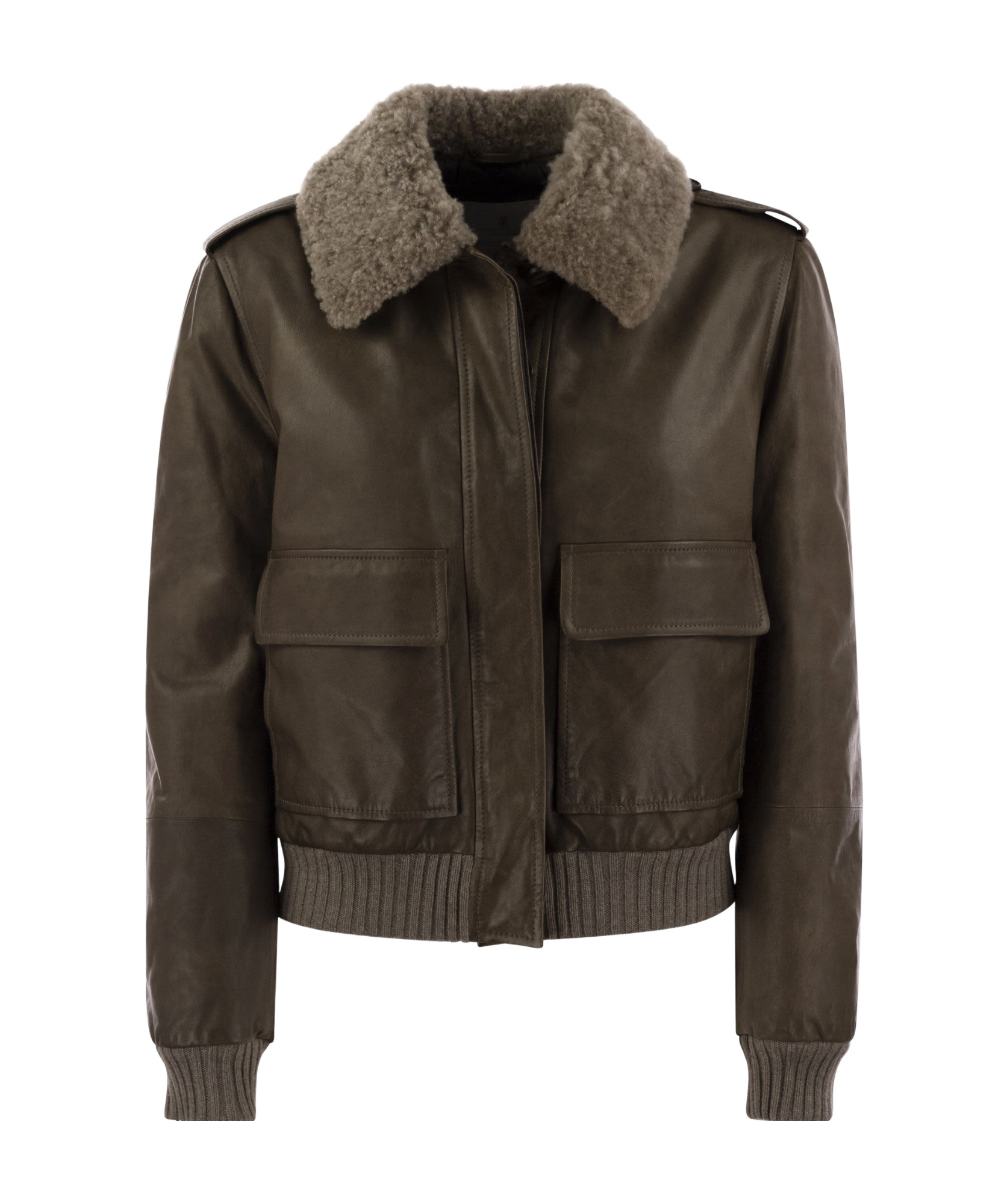 Brunello Cucinelli Women Leather Bomber Jacket And Shearling Collar In Brown