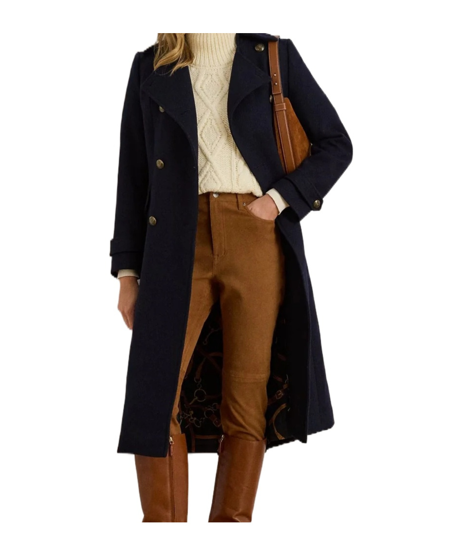 Ralph Lauren Navy Blue Double-breasted Coat In Multi