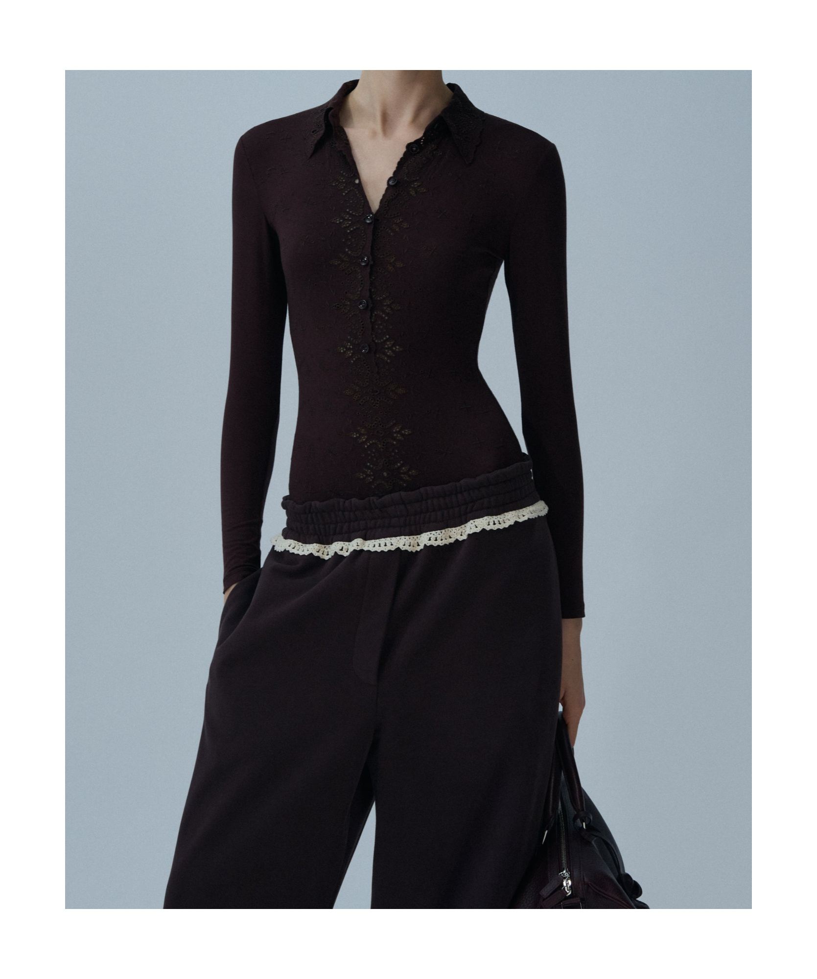 Magda Butrym Long-sleeve Tricot Polo Bodysuit In Brown In Black