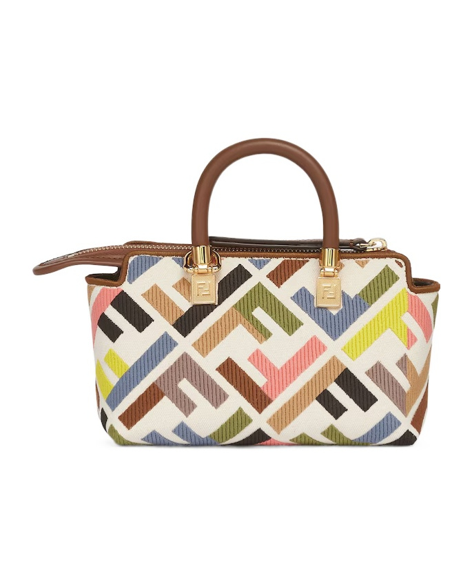 Fendi Mini Handbag Geometric Pattern Top Handle Gold-tone Hardware In Nude