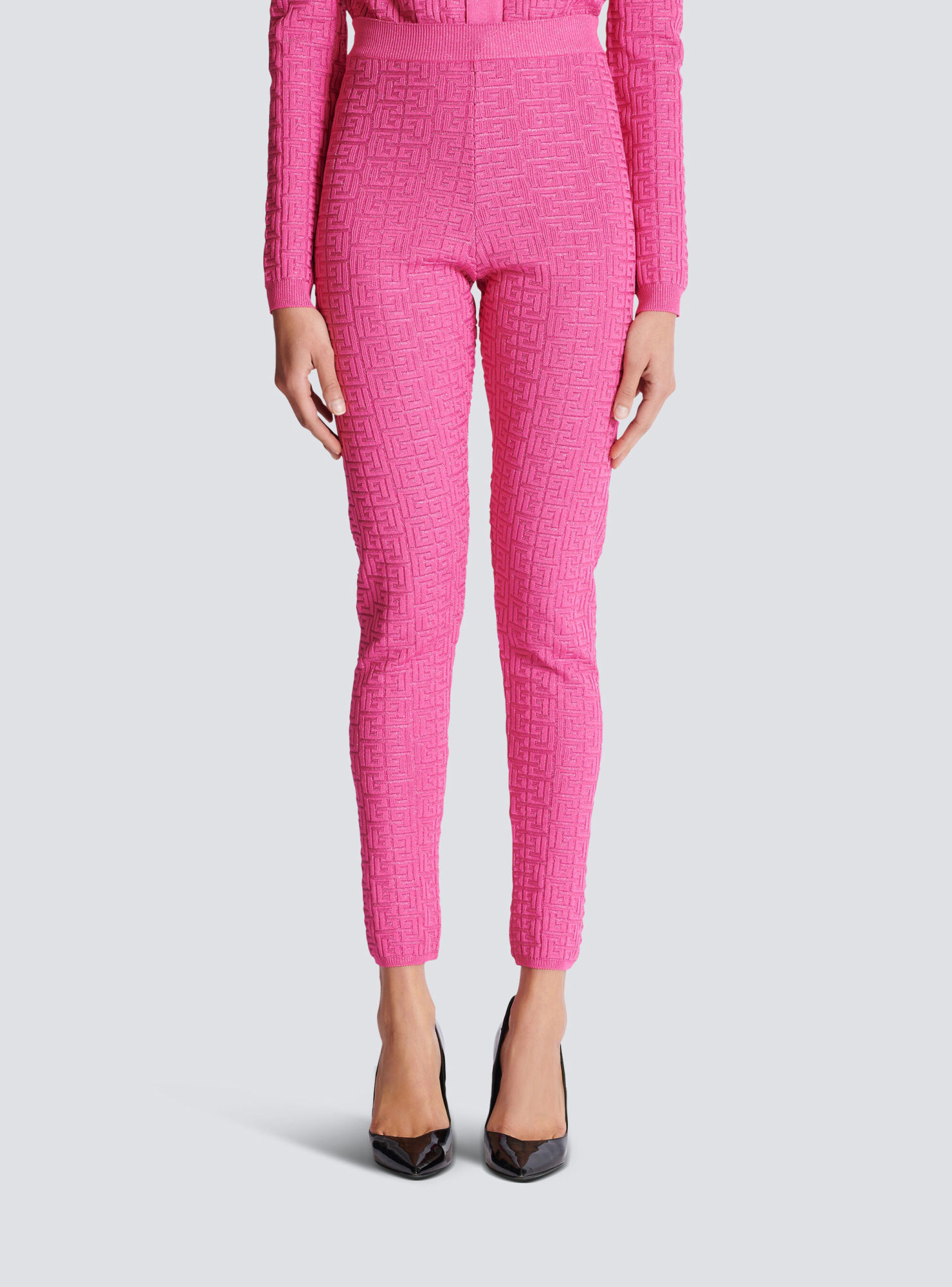 Balmain Knit Leggings With Monogram In Pink
