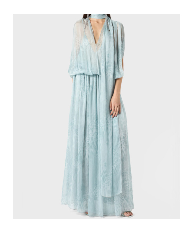 Blumarine Printed Chiffon Long Dress In Light Blue