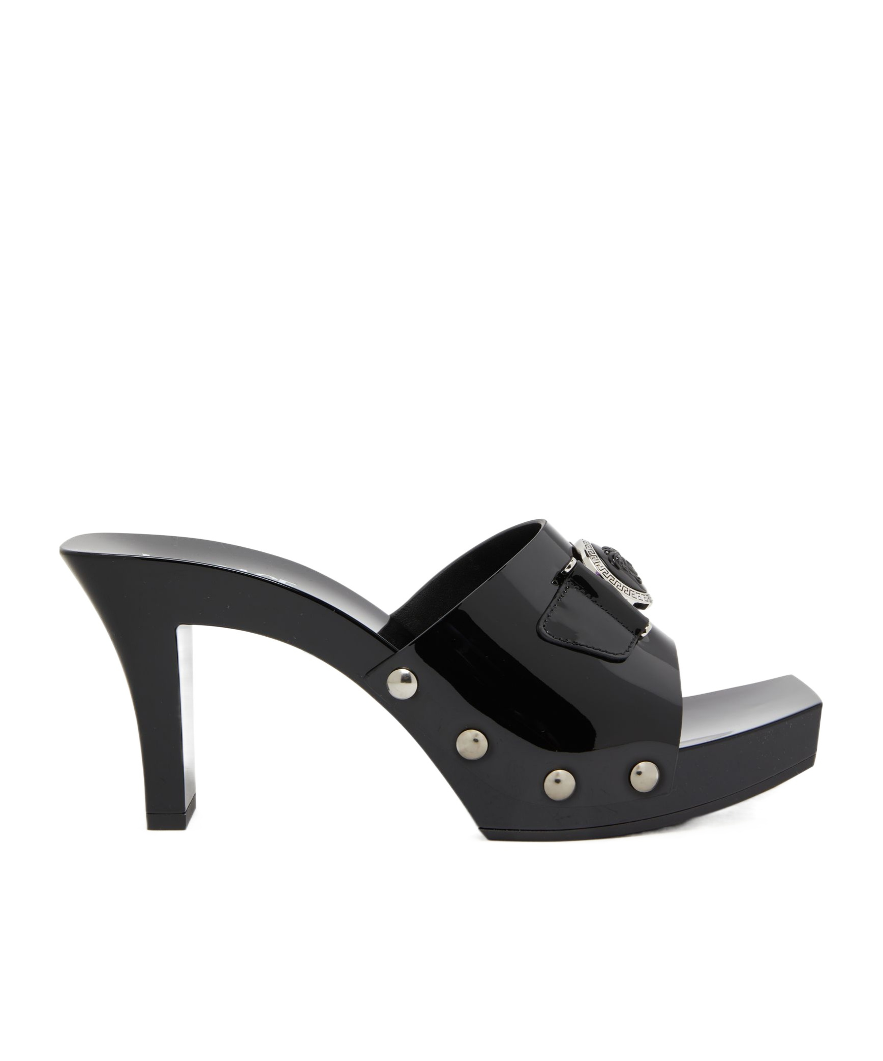 Versace Logo High-heeled Slippers In Black