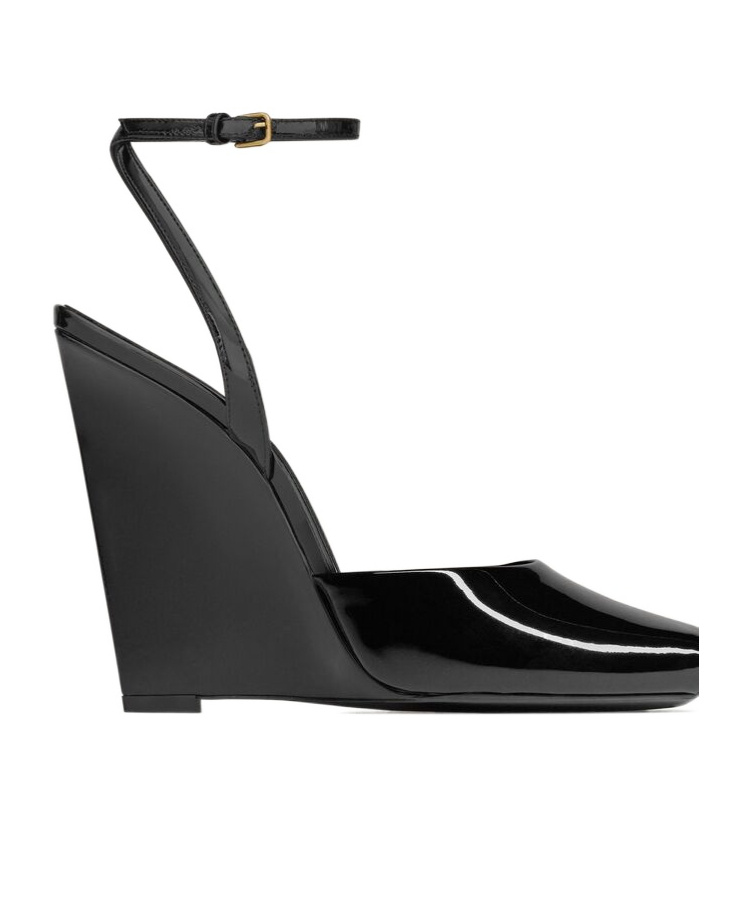 Saint Laurent La Scandale 110 Patent Leather Wedge Sandals In Black