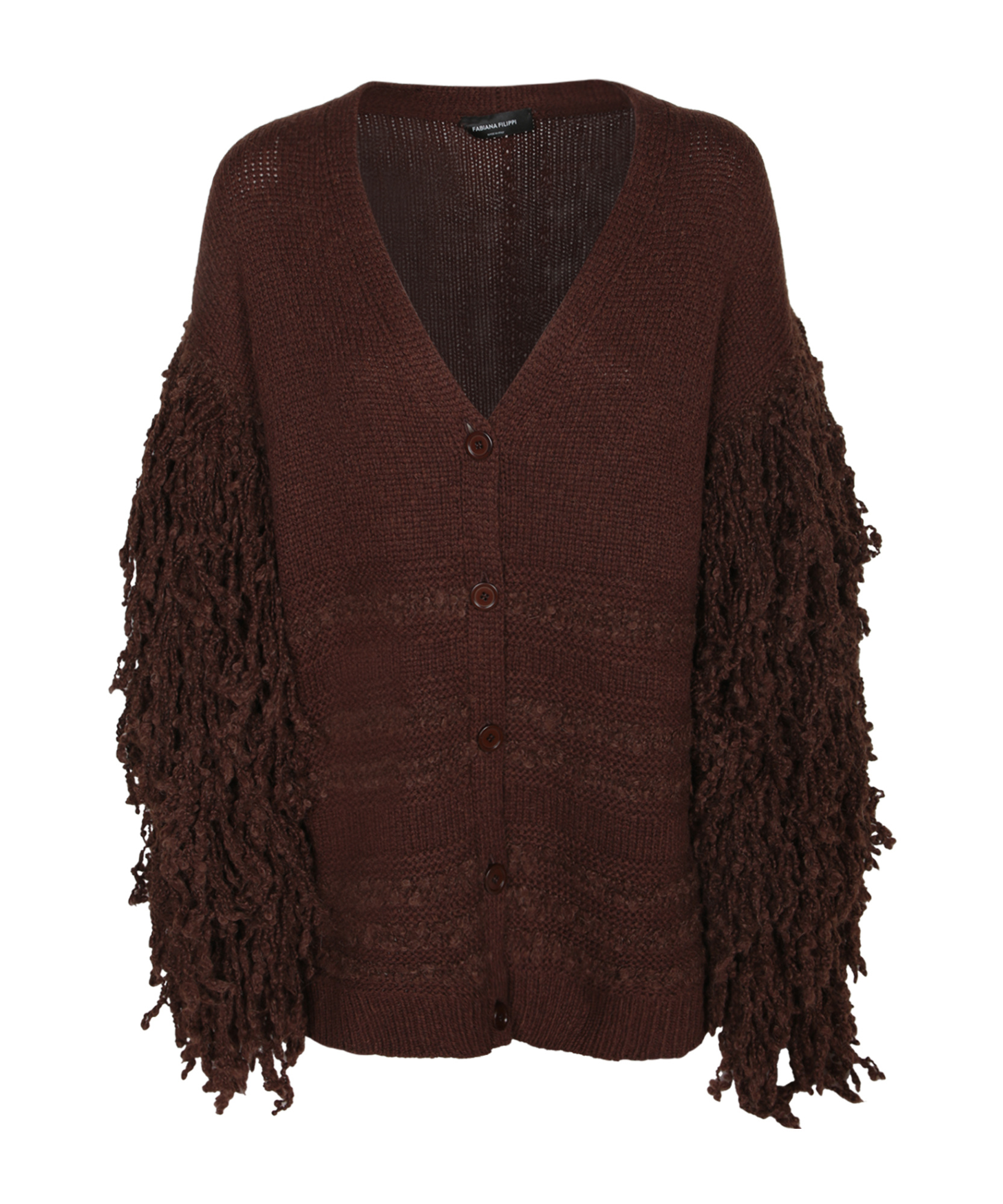 Fabiana Filippi Fringed Knit Cardigan Ribbed Hem In Brown