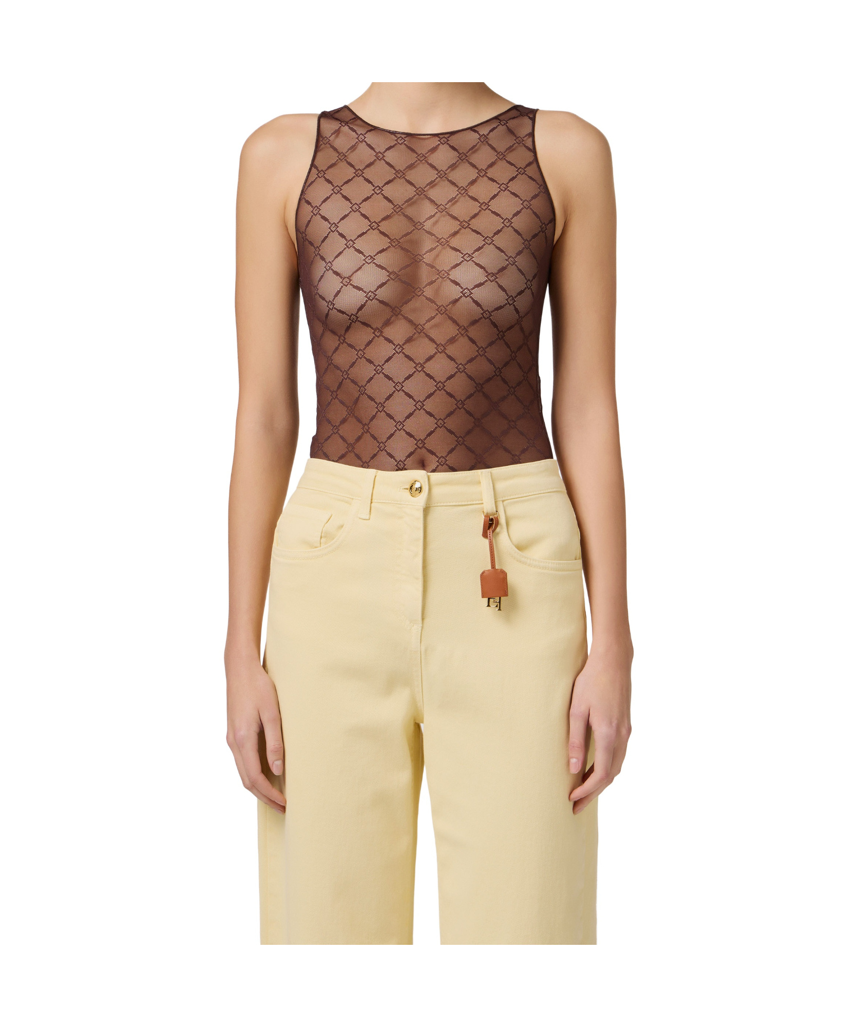 Elisabetta Franchi Bodysuit In Jacquard Tulle Fabric With Diamonds