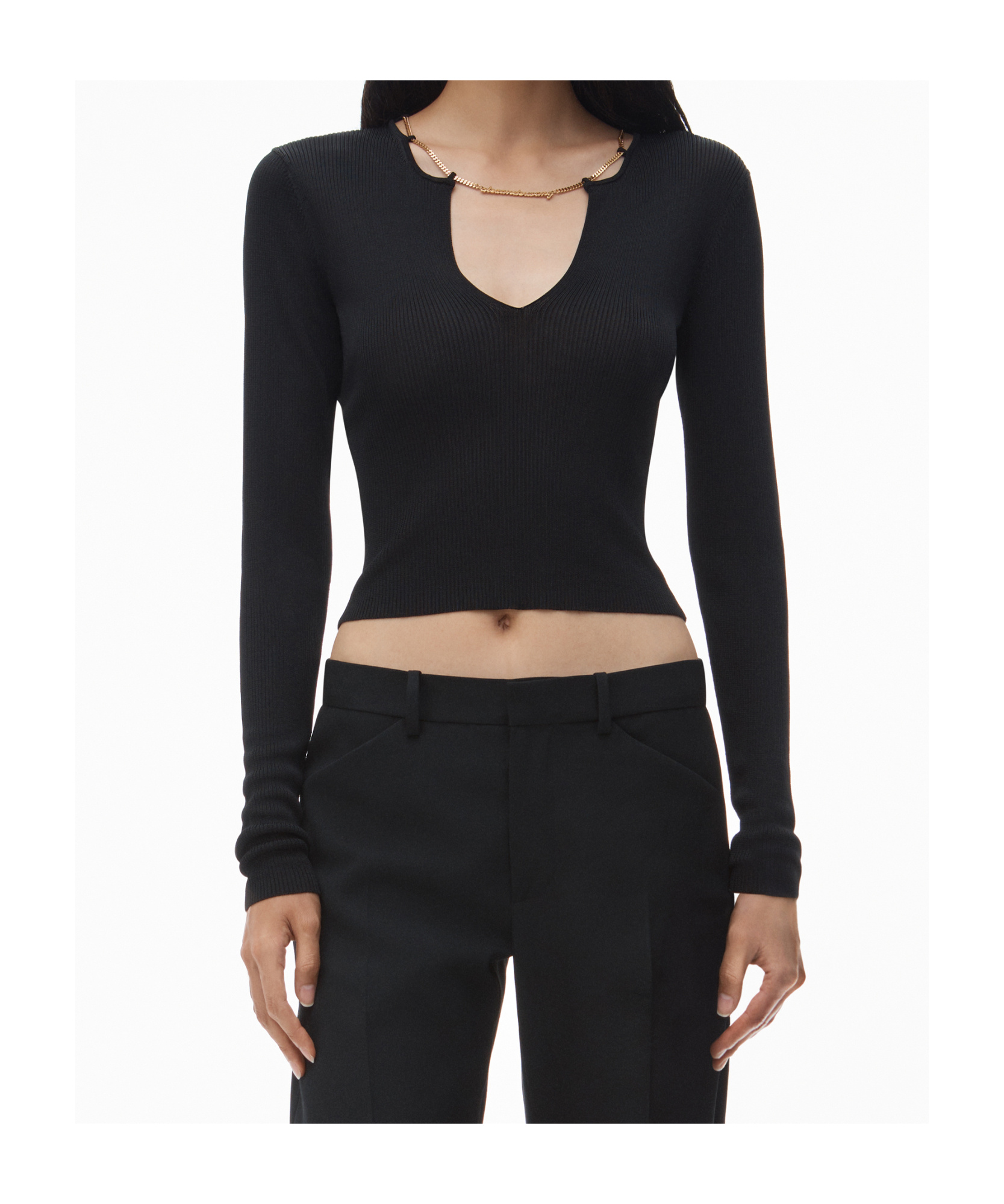 Alexander Wang V-neck Cropped Sweater With Nameplate Chain In Black