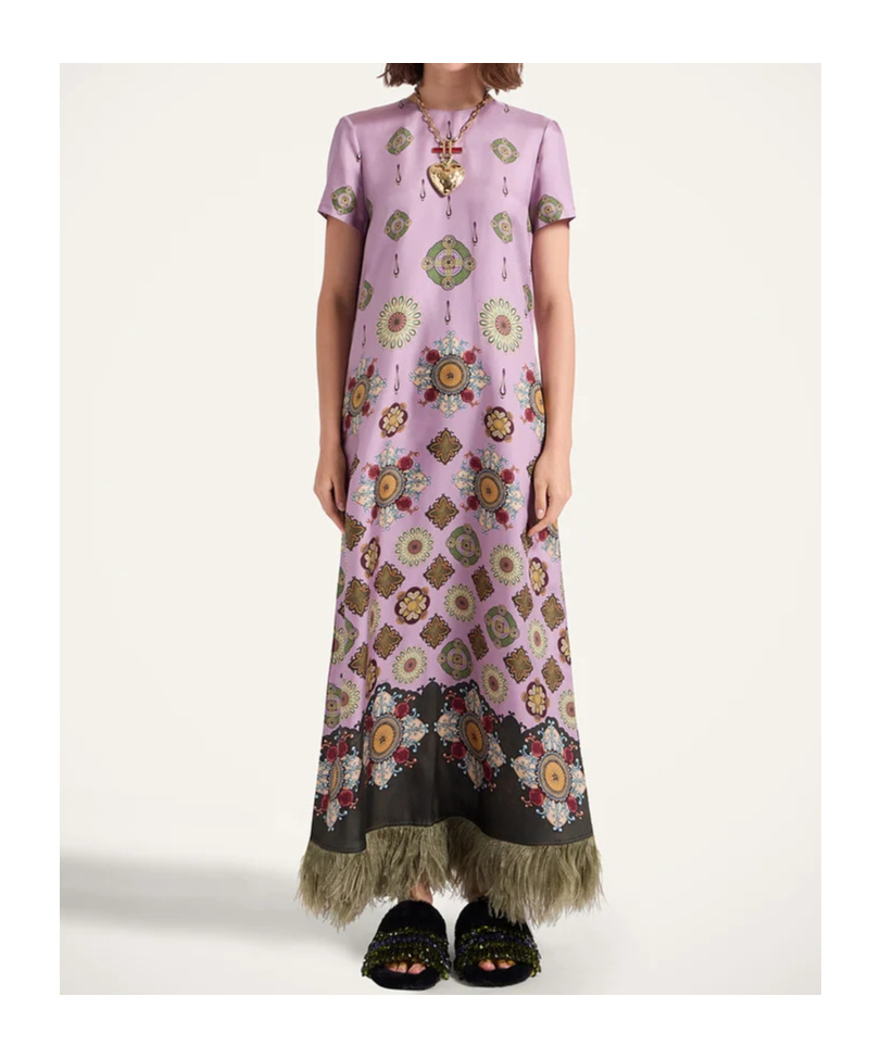 La Doublej Swing Feather-trimmed Maxi Dress In Pink