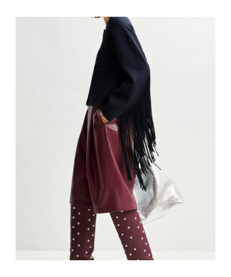 Essentiel Antwerp Navy Cropped Knitted Jacket With Fringe Details In Blue