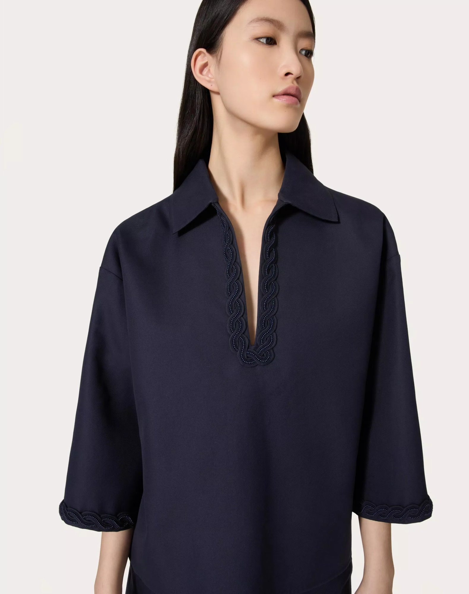 Valentino Bead-embellished Polo Blouse In Black