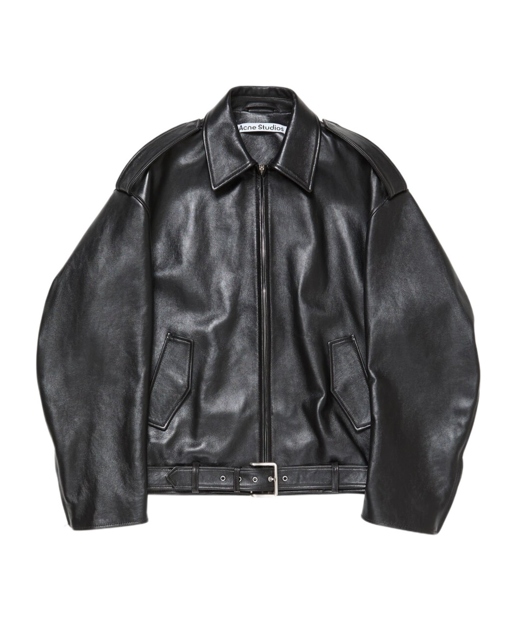 Acne Studios Leather Jacket With Belted Waist And Epaulettes In Black
