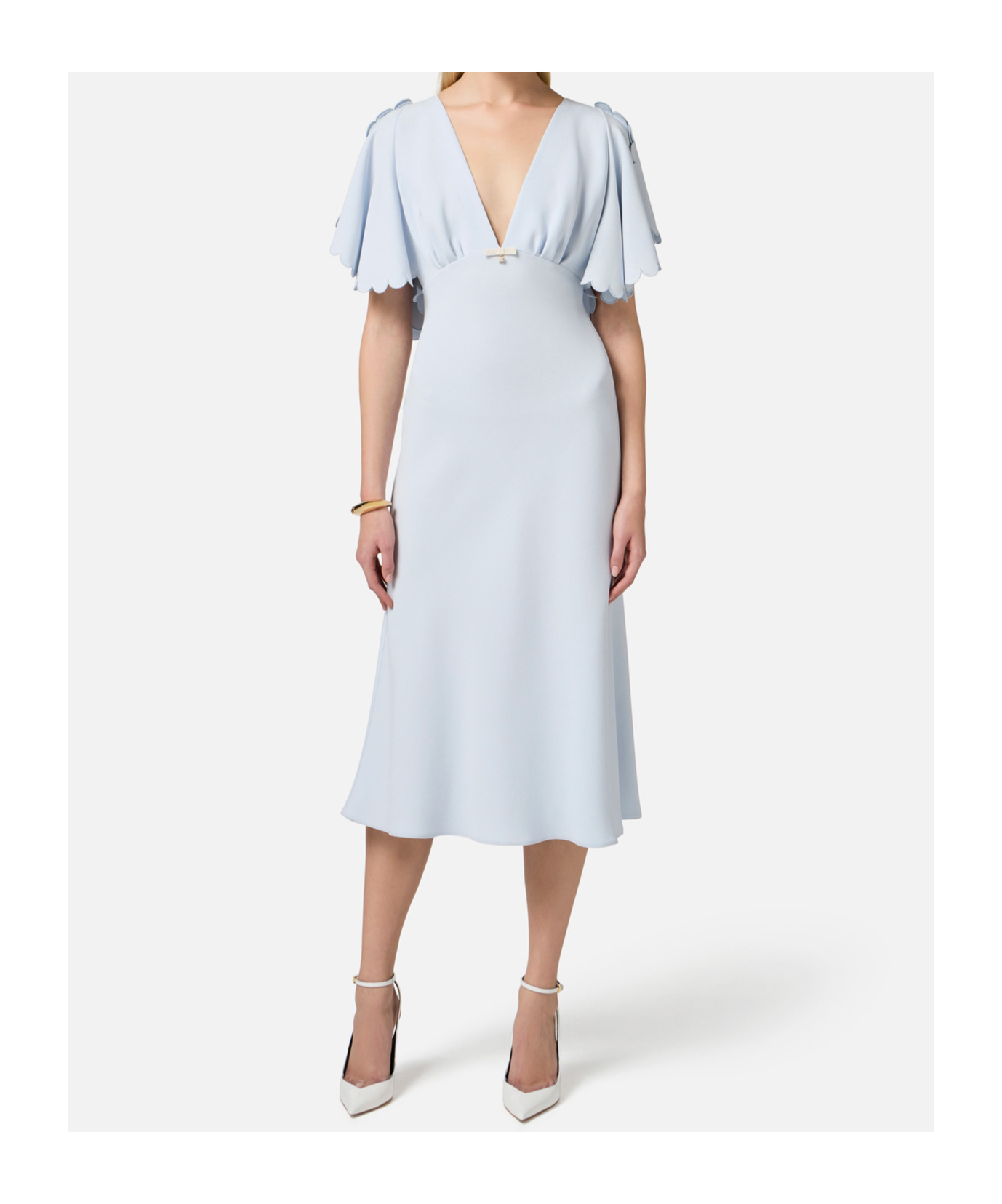 Elisabetta Franchi Light Blue Midi Dress With V-neck In Blue